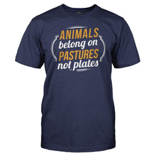 Load image into Gallery viewer, Animals Belong on Pastures, Not Plates - T Shirt - Animals_Belong_on_Pastures_Not_Plates_navy