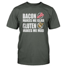 Load image into Gallery viewer, Bacon Makes Me Glad. Gluten Makes Me Mad. - T Shirt - BACON_MAKES_ME_GLAD_GLUTEN_MAKES_ME_MAD_-_Men_-_charcoal