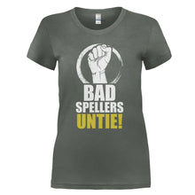 Load image into Gallery viewer, Bad Spellers Untie! - T Shirt - BAD_SPELLERS_UNTIE_-_Ladies_-_charcoal