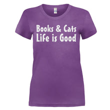 Load image into Gallery viewer, Books &amp; Cats. Life Is Good. - T Shirt - BOOKS___CATS_LIFE_IS_GOOD_-_Ladies_-_purple