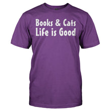 Load image into Gallery viewer, Books &amp; Cats. Life Is Good. - T Shirt - BOOKS___CATS_LIFE_IS_GOOD_-_Men_-_purple