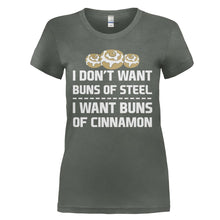 Load image into Gallery viewer, Buns of Steel vs Buns of Cinnamon - T Shirt - BUNS_OF_STEEL_VS_BUNS_OF_CINNAMON_-_Ladies_-_charcoal