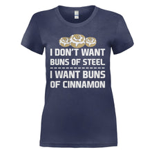 Load image into Gallery viewer, Buns of Steel vs Buns of Cinnamon - T Shirt - BUNS_OF_STEEL_VS_BUNS_OF_CINNAMON_-_Ladies_-_navyblue