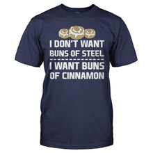 Load image into Gallery viewer, Buns of Steel vs Buns of Cinnamon - T Shirt - BUNS_OF_STEEL_VS_BUNS_OF_CINNAMON_-_Men_-_navyblue