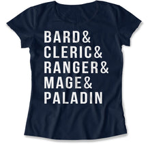 Load image into Gallery viewer, Bard &amp; Cleric &amp; Ranger &amp; Mage &amp; Paladin - T Shirt - Bard_women_navy