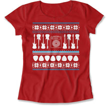 Load image into Gallery viewer, Bass Guitar - Ugly Christmas Sweater - T Shirt - Bass_Guitar_-_Ugly_Christmas_Sweater_women_red