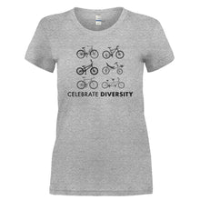 Load image into Gallery viewer, Celebrate Diversity - Bicycles - T Shirt - CELEBRATE_DIVERSITY_-_BICYCLES-_Ladies_-_Grey