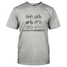 Load image into Gallery viewer, Celebrate Diversity - Bicycles - T Shirt - CELEBRATE_DIVERSITY_-_BICYCLES-_Men_-_Grey