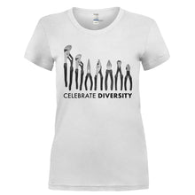 Load image into Gallery viewer, Celebrate Diversity - Electrician - T Shirt - CELEBRATE_DIVERSITY_-_ELECTRICIAN-_Ladies_-_White