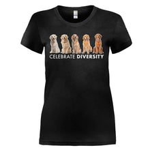 Load image into Gallery viewer, Celebrate Diversity - Golden Retrievers - T Shirt - CELEBRATE_DIVERSITY_-_GOLDEN_RETRIEVERS_-_Ladies_-_black