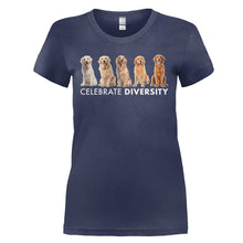 Load image into Gallery viewer, Celebrate Diversity - Golden Retrievers - T Shirt - CELEBRATE_DIVERSITY_-_GOLDEN_RETRIEVERS_-_Ladies_-_navyblue