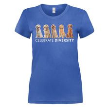 Load image into Gallery viewer, Celebrate Diversity - Golden Retrievers - T Shirt - CELEBRATE_DIVERSITY_-_GOLDEN_RETRIEVERS_-_Ladies_-_royalblue
