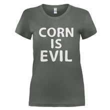 Load image into Gallery viewer, Corn Is Evil - T Shirt - CORN_IS_EVIL_-_Ladies_-_charcoal