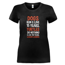 Load image into Gallery viewer, Dogs Run &amp; Live 15 Years. Turtles Do Nothing &amp; Live 150 Years. Lesson Learned. - T Shirt - DOGS_RUN___LIVE_15_YEARS_TURTLES_DO_NOTHING___LIVE_150_YEARS_LESSON_LEARNED_-_Ladies_-_black