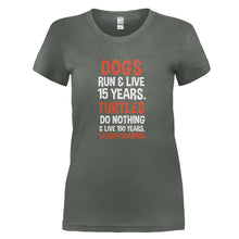 Load image into Gallery viewer, Dogs Run &amp; Live 15 Years. Turtles Do Nothing &amp; Live 150 Years. Lesson Learned. - T Shirt - DOGS_RUN___LIVE_15_YEARS_TURTLES_DO_NOTHING___LIVE_150_YEARS_LESSON_LEARNED_-_Ladies_-_charcoal