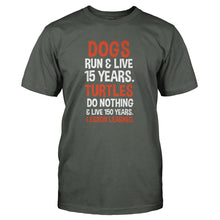 Load image into Gallery viewer, Dogs Run &amp; Live 15 Years. Turtles Do Nothing &amp; Live 150 Years. Lesson Learned. - T Shirt - DOGS_RUN___LIVE_15_YEARS_TURTLES_DO_NOTHING___LIVE_150_YEARS_LESSON_LEARNED_-_Men_-_charcoal