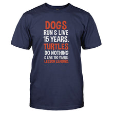 Load image into Gallery viewer, Dogs Run &amp; Live 15 Years. Turtles Do Nothing &amp; Live 150 Years. Lesson Learned. - T Shirt - DOGS_RUN___LIVE_15_YEARS_TURTLES_DO_NOTHING___LIVE_150_YEARS_LESSON_LEARNED_-_Men_-_navyblue