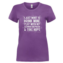 Load image into Gallery viewer, Drink Wine, Play With German Shepherd and Take Naps - T Shirt - DRINK_WINE_PLAY_WITH_GERMAN_SHEPHERD_AND_TAKE_NAPS-_Ladies_-_Purple