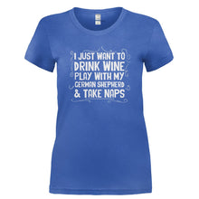 Load image into Gallery viewer, Drink Wine, Play With German Shepherd and Take Naps - T Shirt - DRINK_WINE_PLAY_WITH_GERMAN_SHEPHERD_AND_TAKE_NAPS-_Ladies_-_Royal