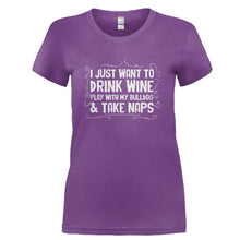 Load image into Gallery viewer, Drink Wine, Play With My Bulldog and Take Naps - T Shirt - DRINK_WINE_PLAY_WITH_MY_BULLDOG_AND_TAKE_NAPS-_Ladies_-_Purple