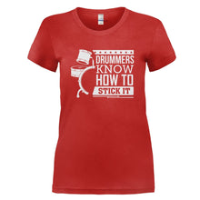 Load image into Gallery viewer, Drummers Know How To Stick It - T Shirt - DRUMMERS_KNOW_HOW_TO_STICK_IT_-_Ladies_-_red