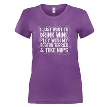 Load image into Gallery viewer, Drink Wine, Play With My Boston Terrier and Take Naps - T Shirt - Drink-Wine_-Play-With-My-Boston-Terrier-and-Take-Naps-ladies-Purple