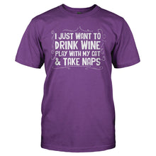 Load image into Gallery viewer, Drink Wine, Play With Cat and Take Naps - T Shirt - Drink_Wine_Play_With_Cat_and_Take_Naps_men_purple