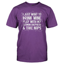 Load image into Gallery viewer, Drink Wine, Play With German Shepherd and Take Naps - T Shirt - Drink_Wine_Play_With_German_Shepherd_and_Take_Naps_men_purple