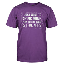 Load image into Gallery viewer, Drink Wine, Play With My Boxer and Take Naps - T Shirt - Drink_Wine_Play_With_My_Boxer_and_Take_Naps_men_purple
