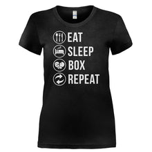 Load image into Gallery viewer, Eat. Sleep. Box. Repeat. - T Shirt - EAT._SLEEP._BOX._REPEAT-_Ladies_-_Black
