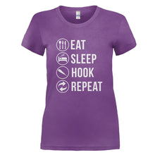 Load image into Gallery viewer, Eat Sleep Hook Repeat - T Shirt - EAT_SLEEP_HOOK_REPEAT_-_Ladies_-_purple
