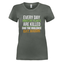 Load image into Gallery viewer, End Plant Violence. Eat Bacon - T Shirt - END_PLANT_VIOLENCE_EAT_BACON_-_Ladies_-_charcoal