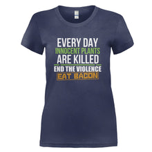 Load image into Gallery viewer, End Plant Violence. Eat Bacon - T Shirt - END_PLANT_VIOLENCE_EAT_BACON_-_Ladies_-_navyblue