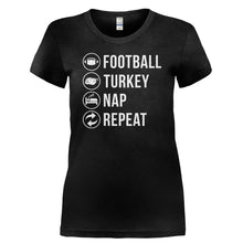 Load image into Gallery viewer, Football. Turkey. Nap. Repeat. - T Shirt - FOOTBALL._TURKEY._NAP._REPEAT-_Ladies_-_Black