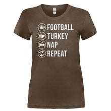 Load image into Gallery viewer, Football. Turkey. Nap. Repeat. - T Shirt - FOOTBALL._TURKEY._NAP._REPEAT-_Ladies_-_Brown