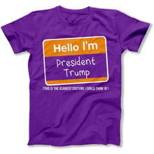 Load image into Gallery viewer, Hello I'm President Trump (Scariest Costume) - T Shirt - HELLO_I_M_PRESIDENT_TRUMP_SCARIEST_COSTUME_-_mens_-_purple
