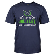 Load image into Gallery viewer, Help Preserve Wildlife, Use Freezer Bags - T Shirt - HELP_PRESERVE_WILDLIFE_USE_FREEZER_BAGS_-_Men_-_navyblue