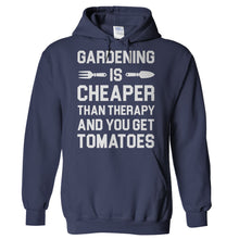 Load image into Gallery viewer, Gardening Is Cheaper Than Therapy And You Get Tomatoes - T Shirt - Hoodies_-_Navy_7dc4b847-2655-4cfd-971d-aff20f57e267
