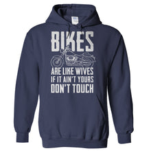Load image into Gallery viewer, Bikes Are Like Wives - T Shirt - Hoodies_-_Navy_c05f74a8-6123-4d32-acf4-36d543e52fab