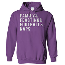 Load image into Gallery viewer, Family &amp; Feasting &amp; Football &amp; Naps - T Shirt - Hoodies_-_Purple_6e12ea14-3598-4bf8-b00f-137b2a2614da