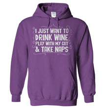 Load image into Gallery viewer, Drink Wine, Play With Cat and Take Naps - T Shirt - Hoodies_-_Purple_c5e91055-0170-4393-a177-6f5dc2bed23e