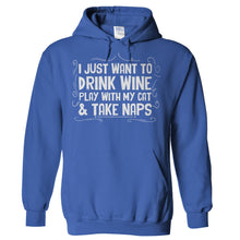 Load image into Gallery viewer, Drink Wine, Play With Cat and Take Naps - T Shirt - Hoodies_-_Royal_e4b2e521-3d63-4ceb-a1ea-e24f62870907