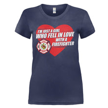 Load image into Gallery viewer, I Fell In Love With a Firefighter - T Shirt - I_FELL_IN_LOVE_WITH_A_FIREFIGHTER_-_Ladies_-_navyblue