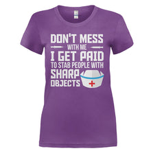 Load image into Gallery viewer, I Get Paid to Stab People With Sharp Objects - T Shirt - I_GET_PAID_TO_STAB_PEOPLE_WITH_SHARP_OBJECTS-_Ladies_-_Purple