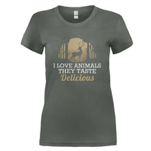Load image into Gallery viewer, I Love Animals. They Taste Delicious - T Shirt - I_LOVE_ANIMALS_THEY_TASTE_DELICIOUS_-_Ladies_-_charcoal