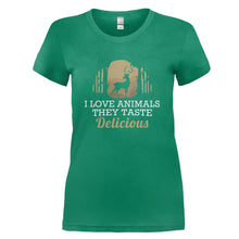 Load image into Gallery viewer, I Love Animals. They Taste Delicious - T Shirt - I_LOVE_ANIMALS_THEY_TASTE_DELICIOUS_-_Ladies_-_kellygreen