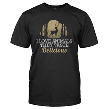 Load image into Gallery viewer, I Love Animals. They Taste Delicious - T Shirt - I_LOVE_ANIMALS_THEY_TASTE_DELICIOUS_-_Men_-_black