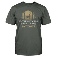 Load image into Gallery viewer, I Love Animals. They Taste Delicious - T Shirt - I_LOVE_ANIMALS_THEY_TASTE_DELICIOUS_-_Men_-_charcoal