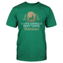 Load image into Gallery viewer, I Love Animals. They Taste Delicious - T Shirt - I_LOVE_ANIMALS_THEY_TASTE_DELICIOUS_-_Men_-_kellygreen