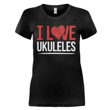 Load image into Gallery viewer, I Love Ukuleles - T Shirt - I_LOVE_UKULELES_-_Ladies_-_black